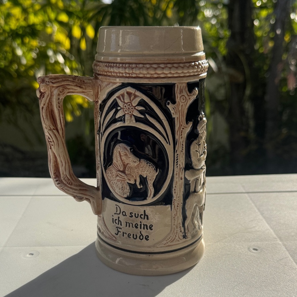 Vintage West German Beer Stein with Hunting Tavern People Animals Design